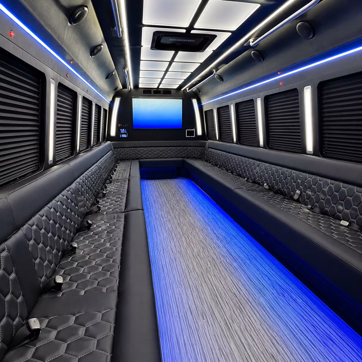 quincy 50 passenger party bus inside